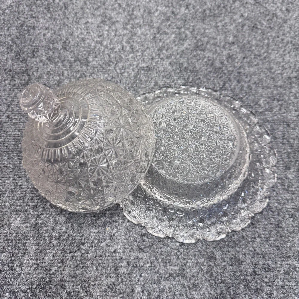 Vintage Glass Butter Dish Round Clear Daisy Button Pattern Domed Lid Farmhouse